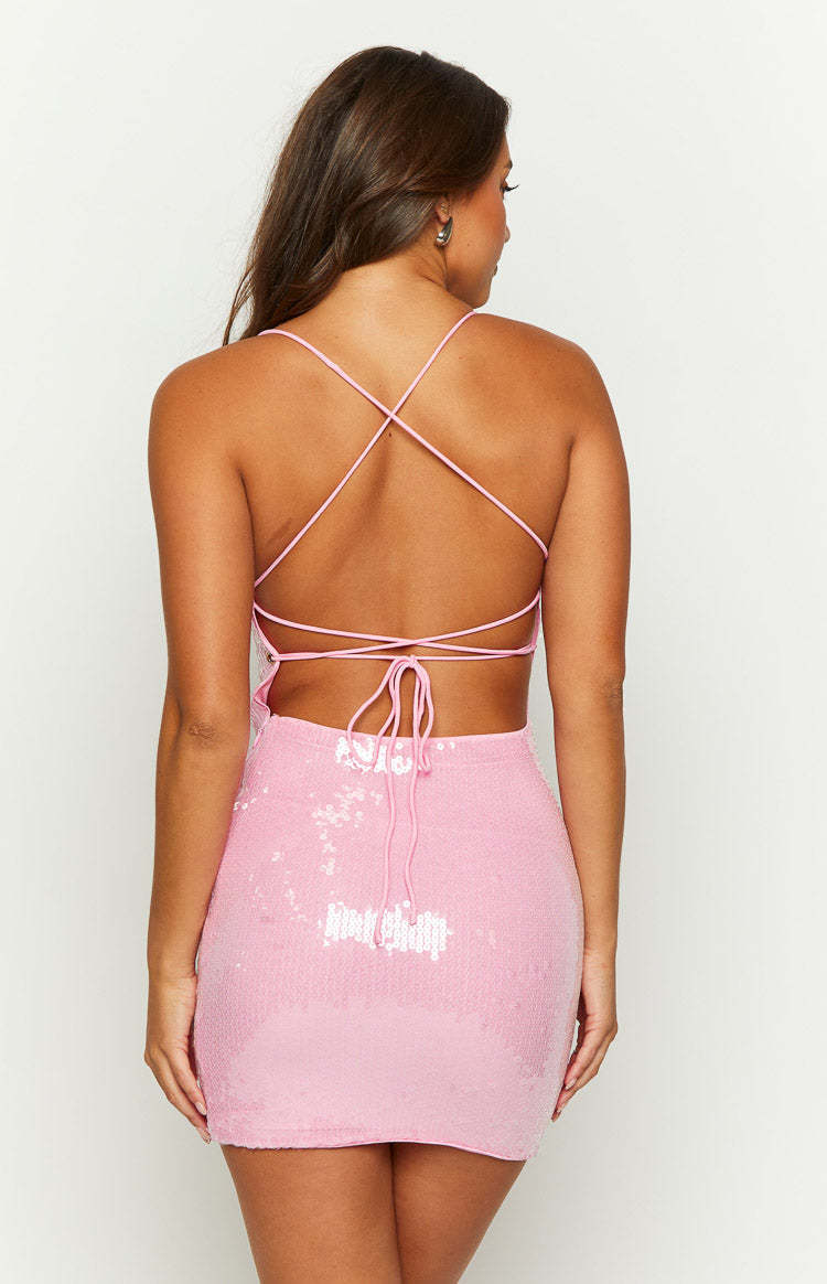 Tao Pink Sequin Lace Up Mini Dress-Vavasi.All Rights Reserved.