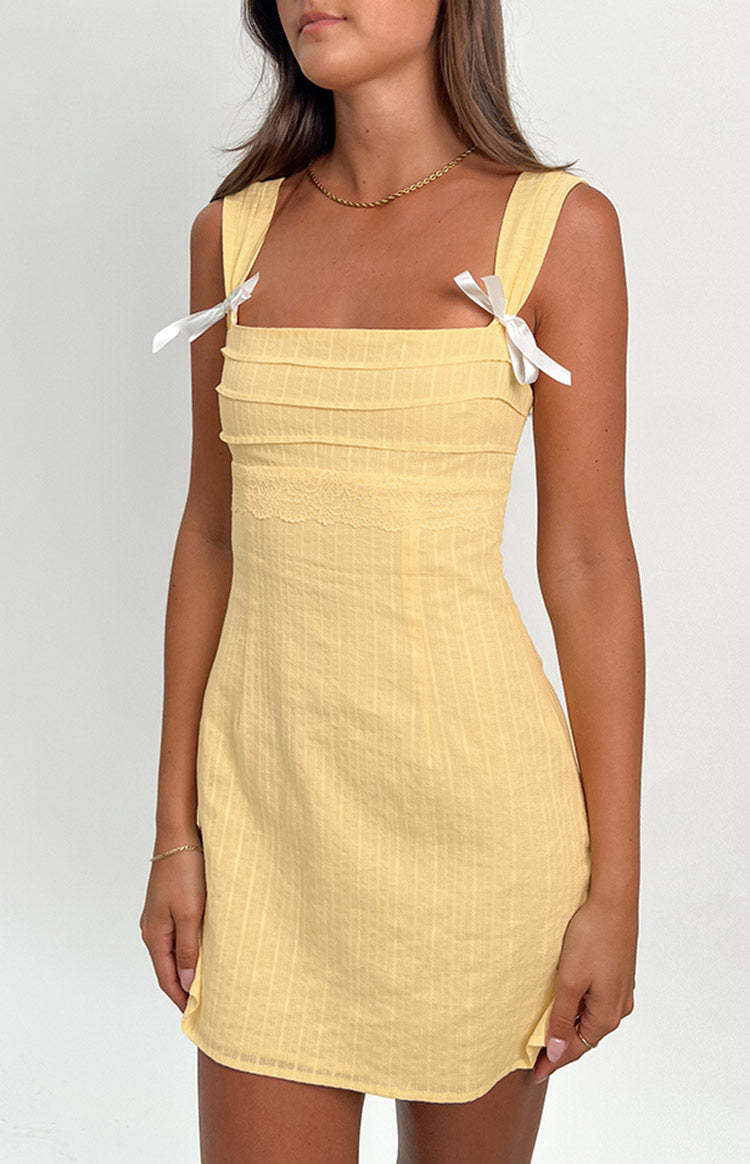 Taylor Yellow Tie Back Mini Dress-Vavasi.All Rights Reserved.