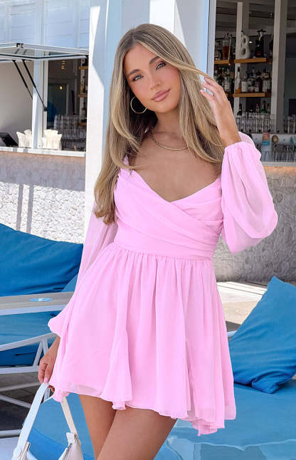 Tiffany Pink Long Sleeve Mini Dress-Vavasi.All Rights Reserved.