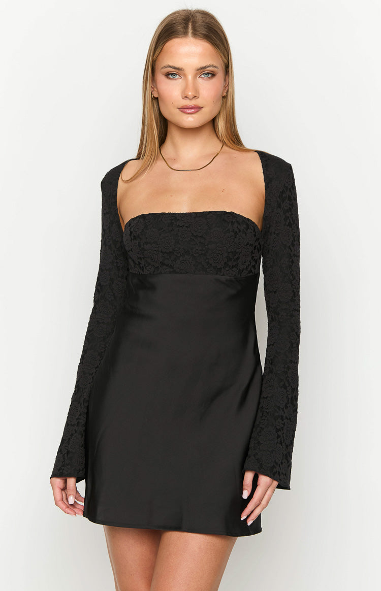 Vanette Black Long Sleeve Mini Dress-Vavasi.All Rights Reserved.