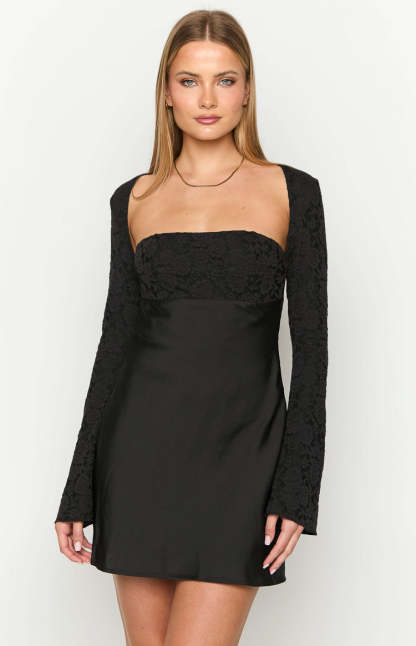 Vanette Black Long Sleeve Mini Dress-Vavasi.All Rights Reserved.