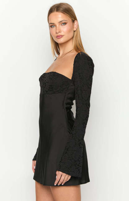 Vanette Black Long Sleeve Mini Dress-Vavasi.All Rights Reserved.