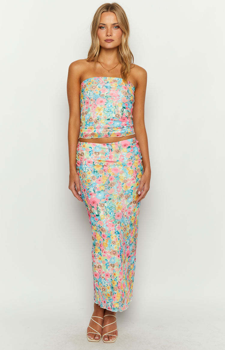 When in Rome Multi Floral Strapless Mesh Top-Vavasi.All Rights Reserved.