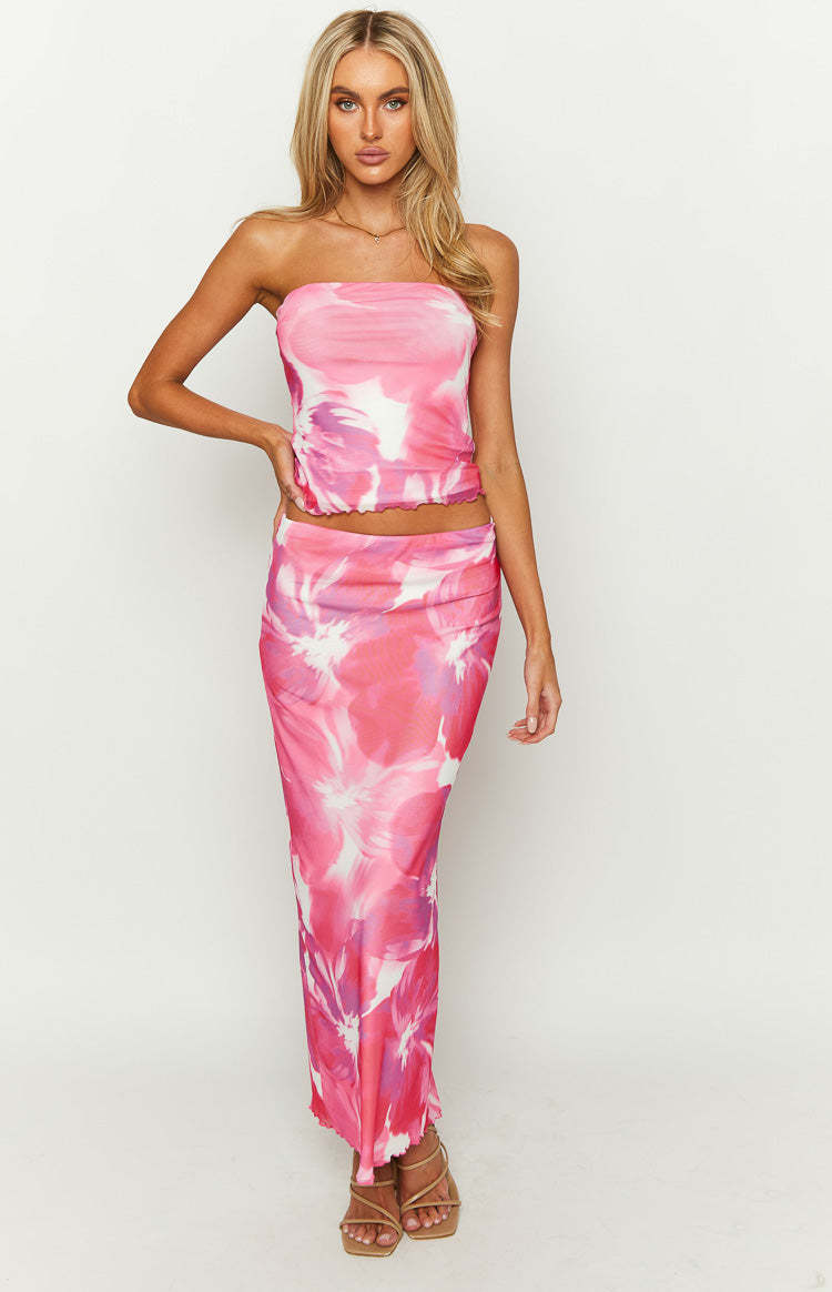 When In Rome Pink Floral Print Mesh Maxi Skirt-Vavasi.All Rights Reserved.