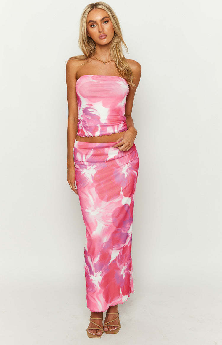 When In Rome Pink Floral Print Mesh Maxi Skirt-Vavasi.All Rights Reserved.