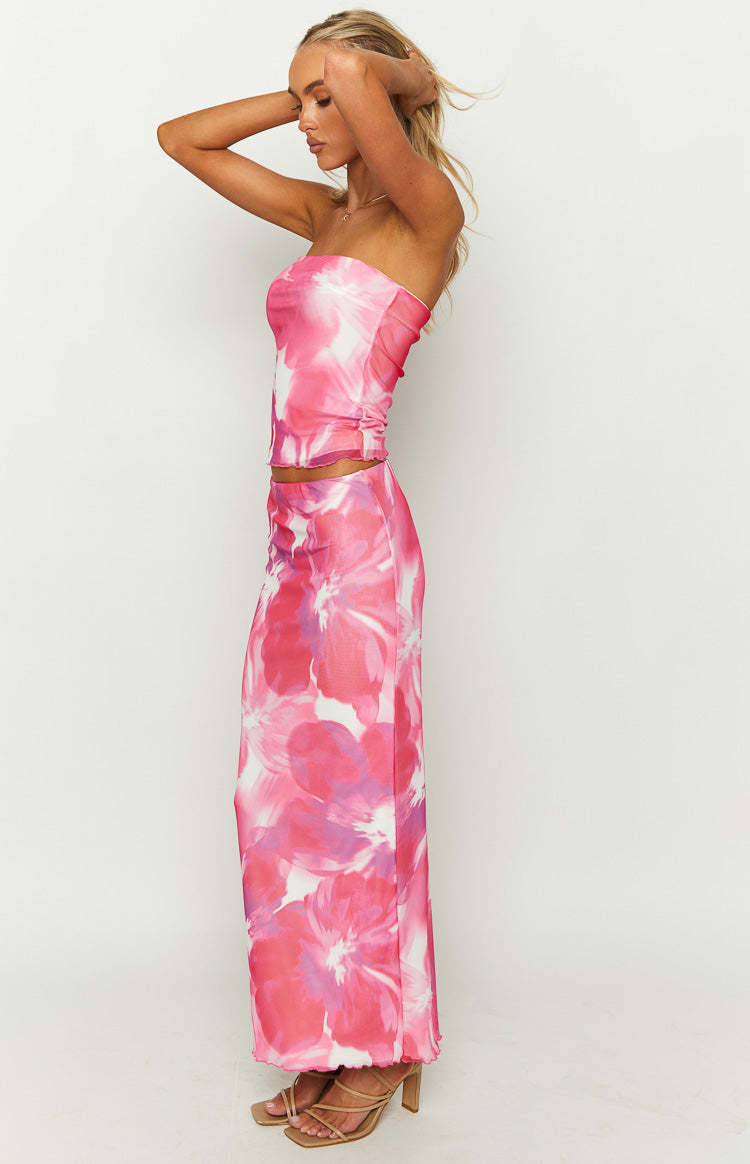 When In Rome Pink Floral Print Mesh Maxi Skirt-Vavasi.All Rights Reserved.