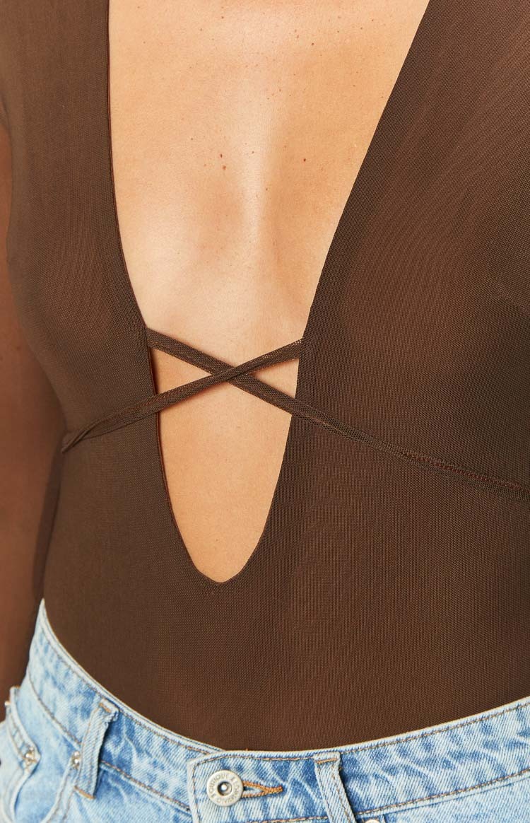 Whimsi Brown Mesh Long Sleeve Bodysuit-Vavasi.All Rights Reserved.