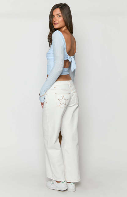 Clara Star White Denim Low Rise Jeans-Vavasi.All Rights Reserved.