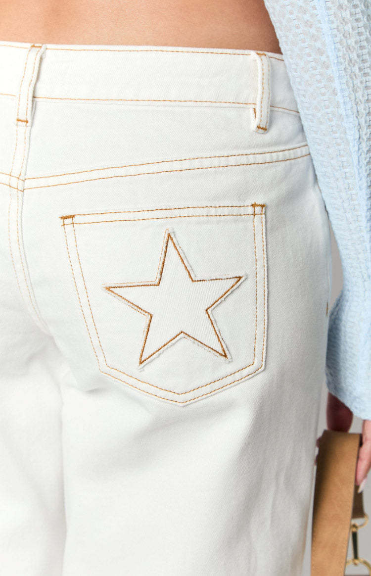 Clara Star White Denim Low Rise Jeans-Vavasi.All Rights Reserved.