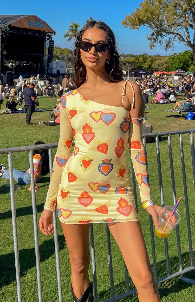 Wild At Heart Yellow Printed Mesh Long Sleeve Mini Dress-Vavasi.All Rights Reserved.