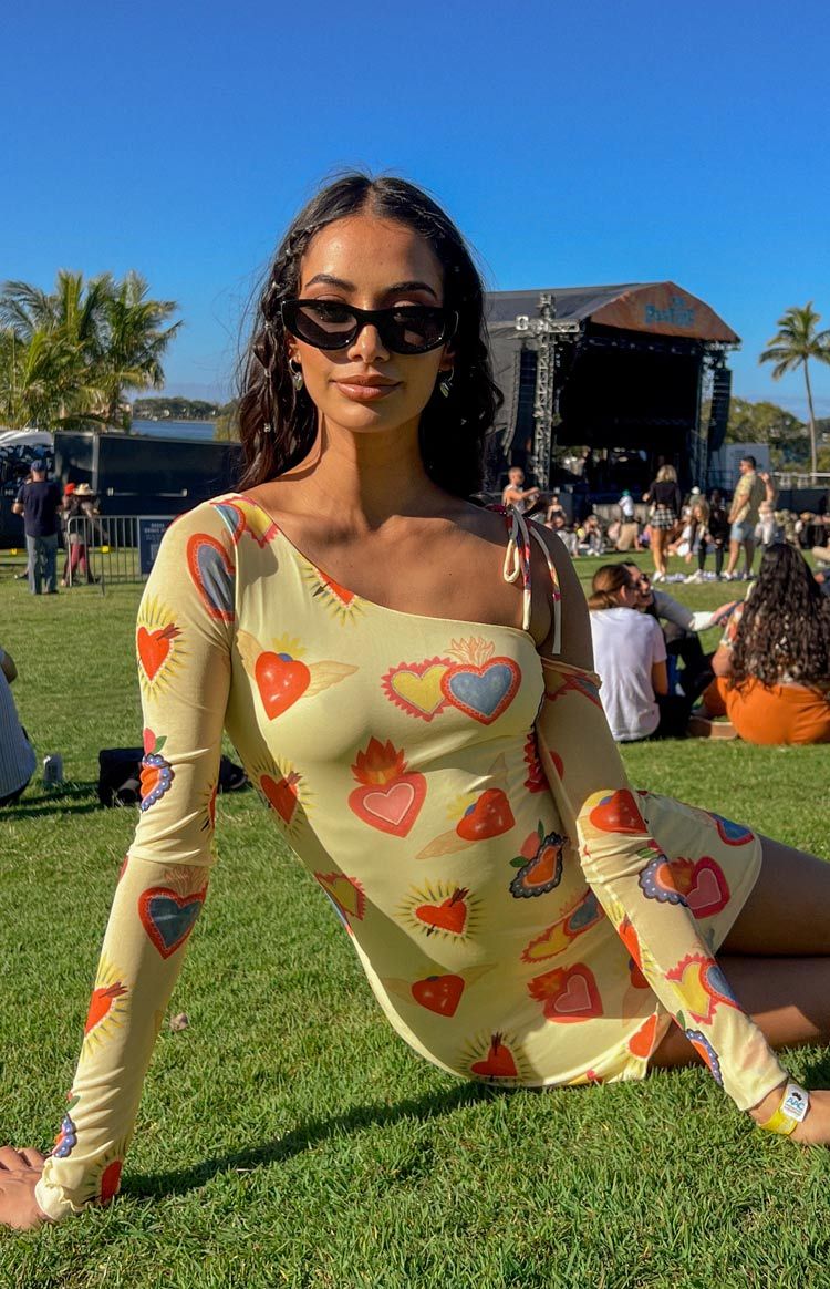 Wild At Heart Yellow Printed Mesh Long Sleeve Mini Dress-Vavasi.All Rights Reserved.