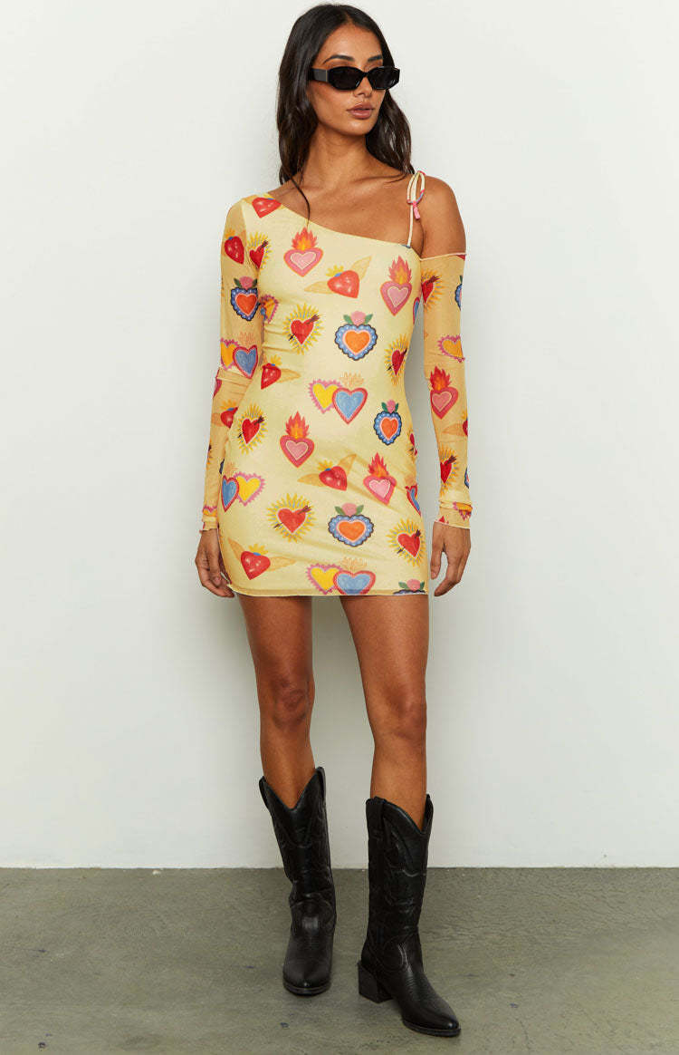 Wild At Heart Yellow Printed Mesh Long Sleeve Mini Dress-Vavasi.All Rights Reserved.