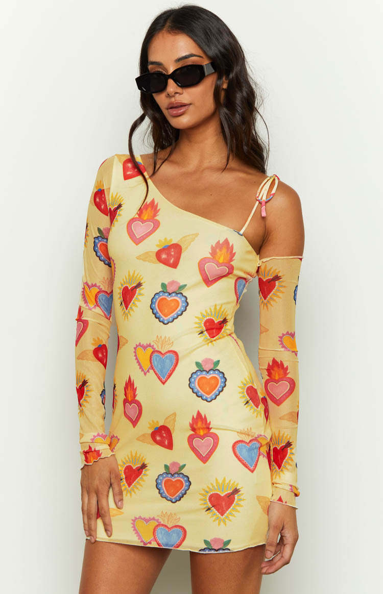 Wild At Heart Yellow Printed Mesh Long Sleeve Mini Dress-Vavasi.All Rights Reserved.