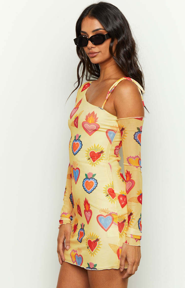 Wild At Heart Yellow Printed Mesh Long Sleeve Mini Dress-Vavasi.All Rights Reserved.