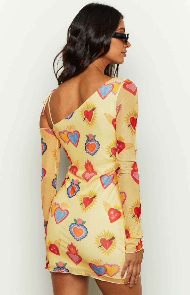 Wild At Heart Yellow Printed Mesh Long Sleeve Mini Dress-Vavasi.All Rights Reserved.