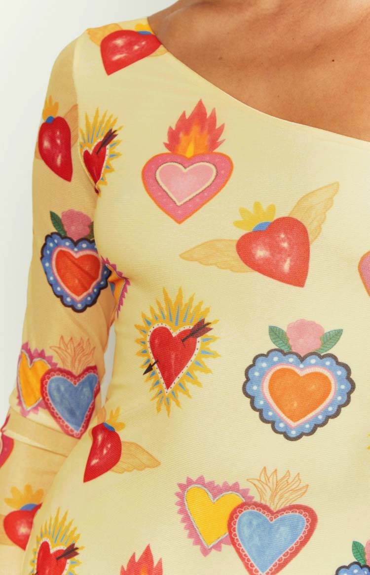Wild At Heart Yellow Printed Mesh Long Sleeve Mini Dress-Vavasi.All Rights Reserved.