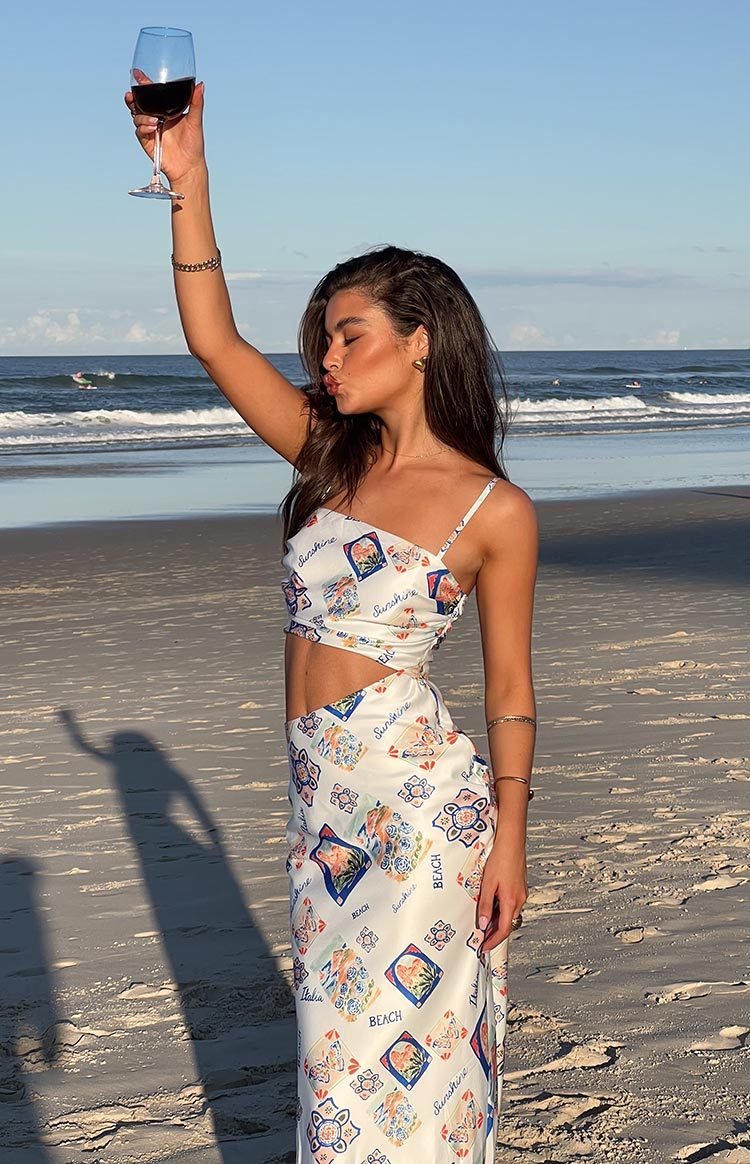 Willa White Satin Italia Print Maxi Dress-Vavasi.All Rights Reserved.