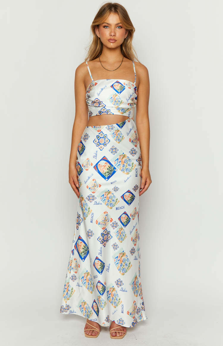Willa White Satin Italia Print Maxi Dress-Vavasi.All Rights Reserved.