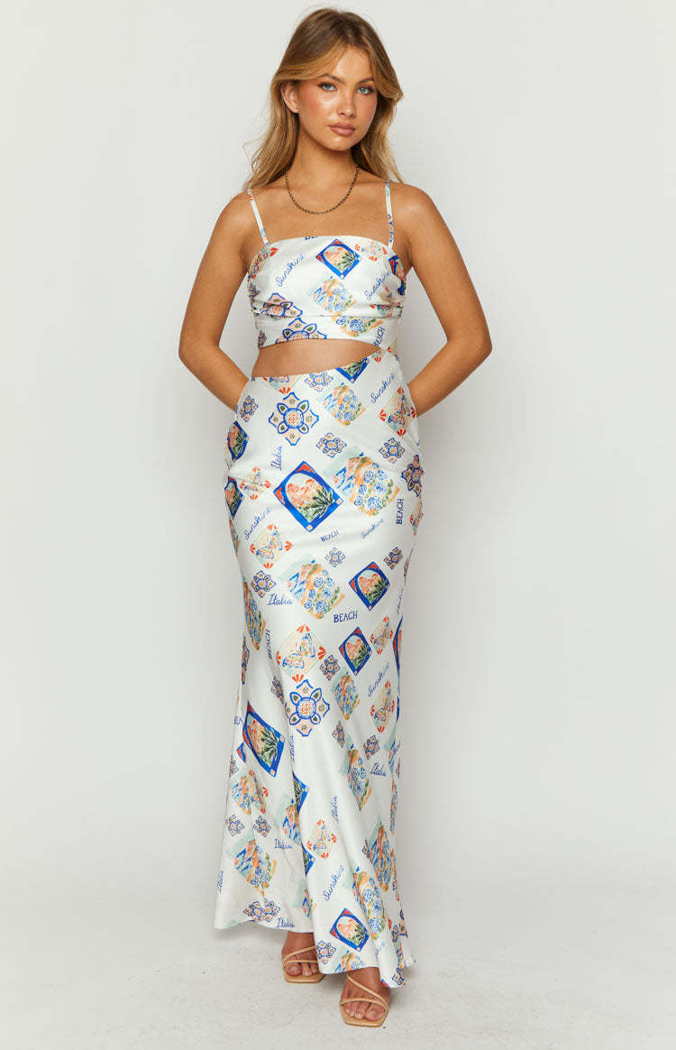 Willa White Satin Italia Print Maxi Dress-Vavasi.All Rights Reserved.