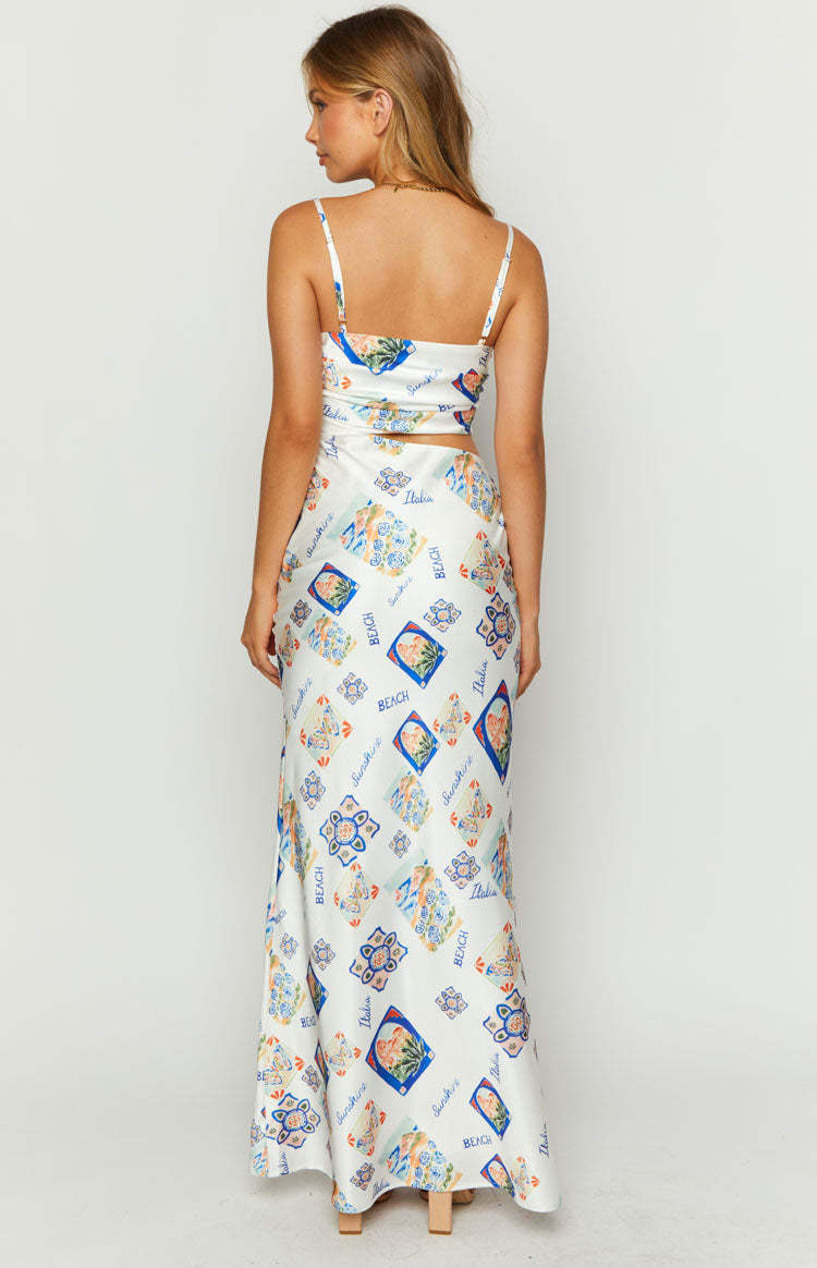Willa White Satin Italia Print Maxi Dress-Vavasi.All Rights Reserved.