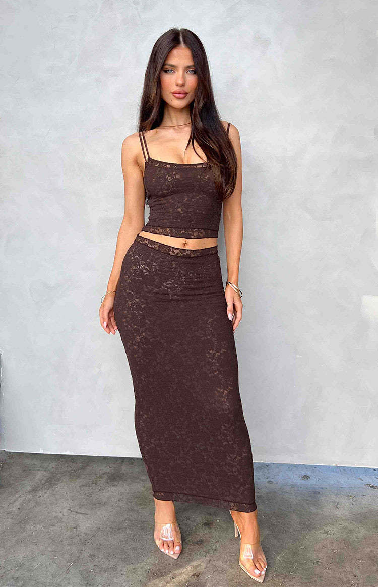 Willow Brown Lace Midi Skirt-Vavasi.All Rights Reserved.
