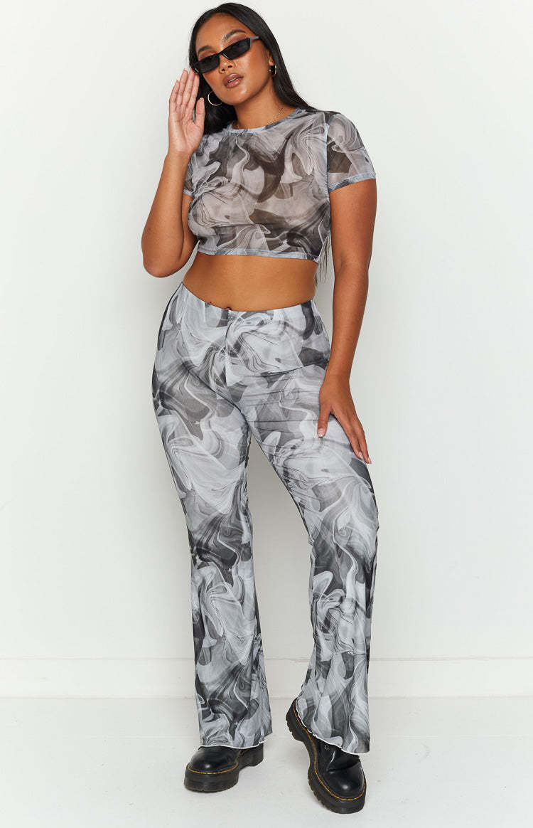 Willow Black Print Mesh Flare Pants-Vavasi.All Rights Reserved.