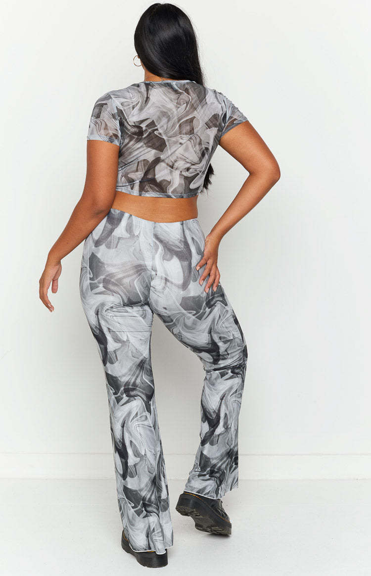 Willow Black Print Mesh Flare Pants-Vavasi.All Rights Reserved.