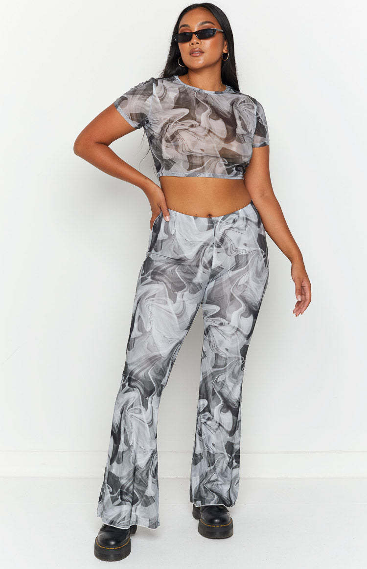 Willow Black Print Mesh Flare Pants-Vavasi.All Rights Reserved.