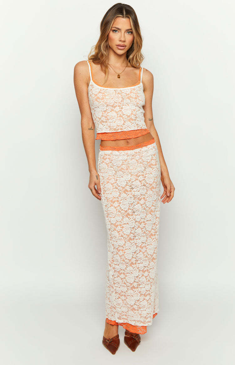 Willow Orange Contrast Lace Midi Skirt-Vavasi.All Rights Reserved.