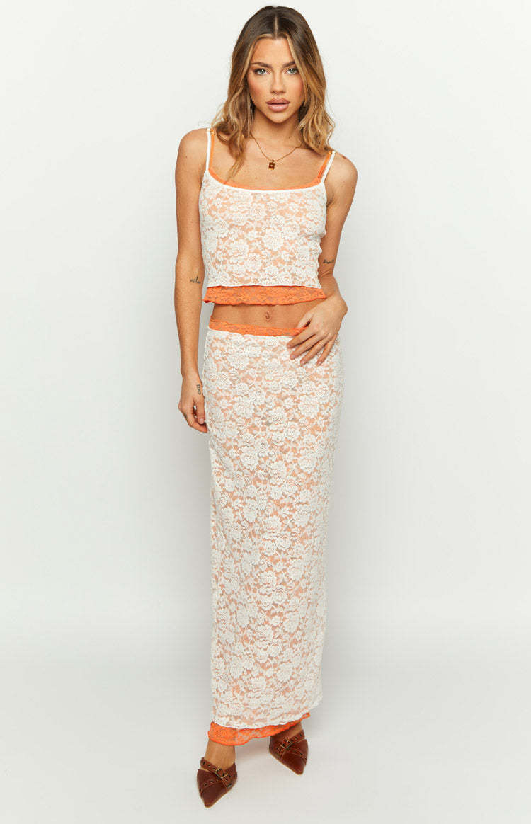 Willow Orange Contrast Lace Midi Skirt-Vavasi.All Rights Reserved.