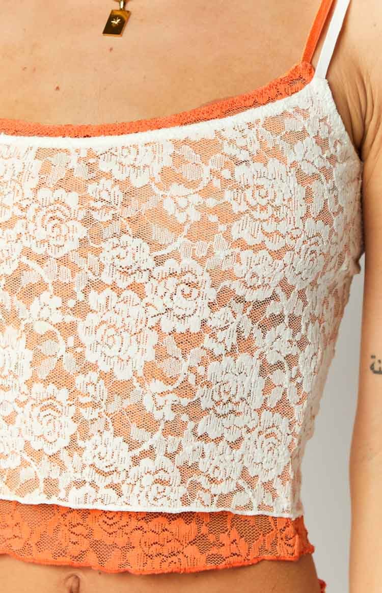 Willow Orange Contrast Lace Tank Top-Vavasi.All Rights Reserved.