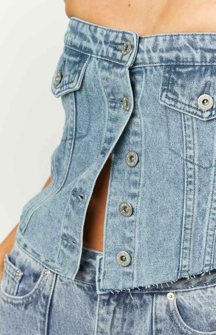 Wilma Mid Wash Denim Button Top-Vavasi.All Rights Reserved.
