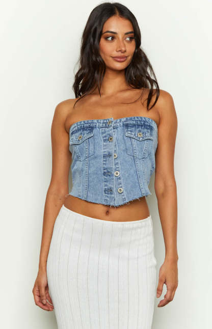 Wilma Denim Button Top-Vavasi.All Rights Reserved.