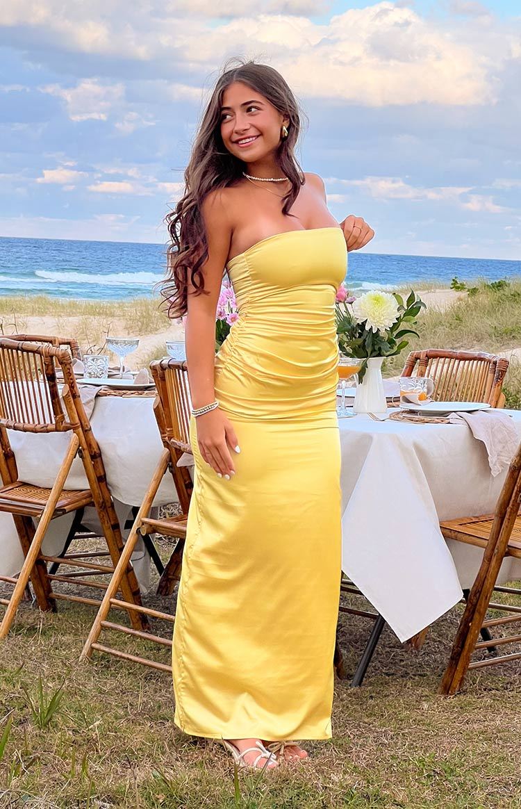 Yellow Bloom Satin Strapless Maxi Dress-Vavasi.All Rights Reserved.