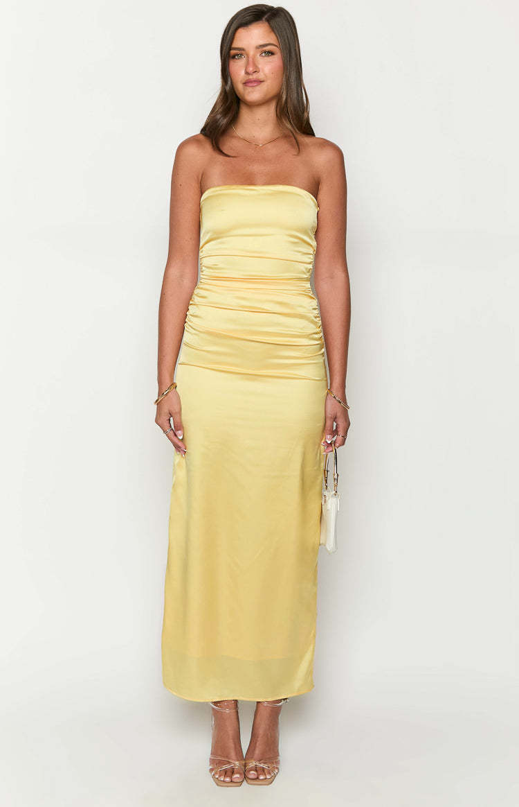 Yellow Bloom Satin Strapless Maxi Dress-Vavasi.All Rights Reserved.