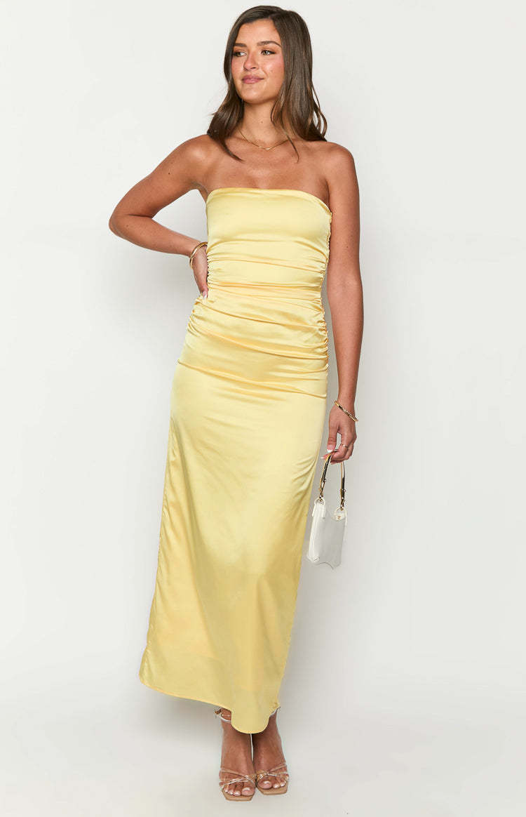 Yellow Bloom Satin Strapless Maxi Dress-Vavasi.All Rights Reserved.
