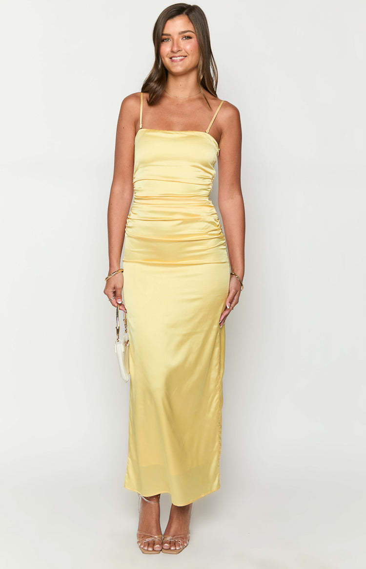 Yellow Bloom Satin Strapless Maxi Dress-Vavasi.All Rights Reserved.