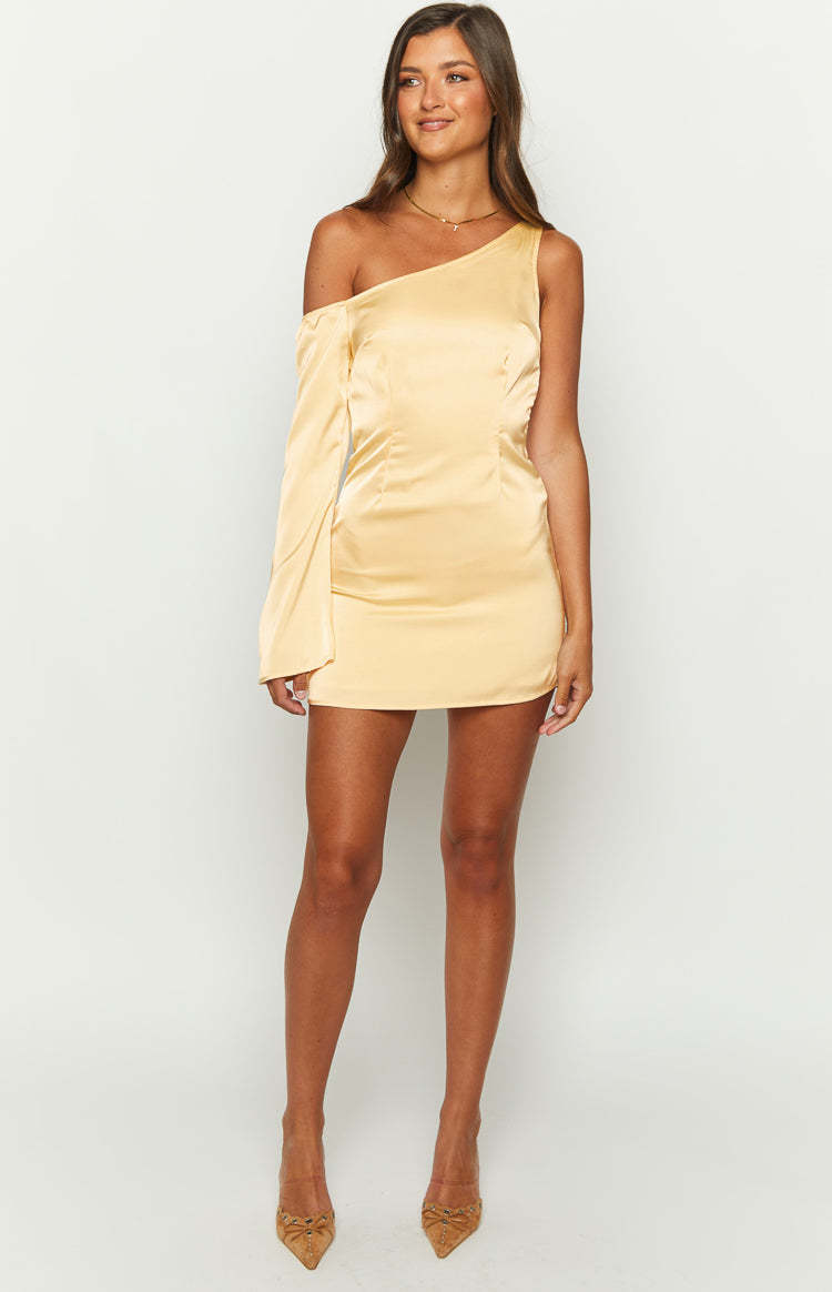 Singer Yellow Satin One Shoulder Mini Dress-Vavasi.All Rights Reserved.