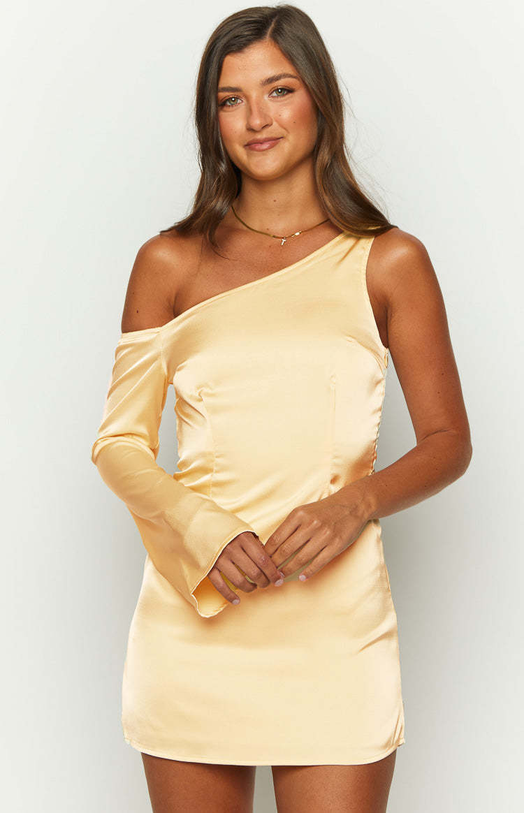 Singer Yellow Satin One Shoulder Mini Dress-Vavasi.All Rights Reserved.