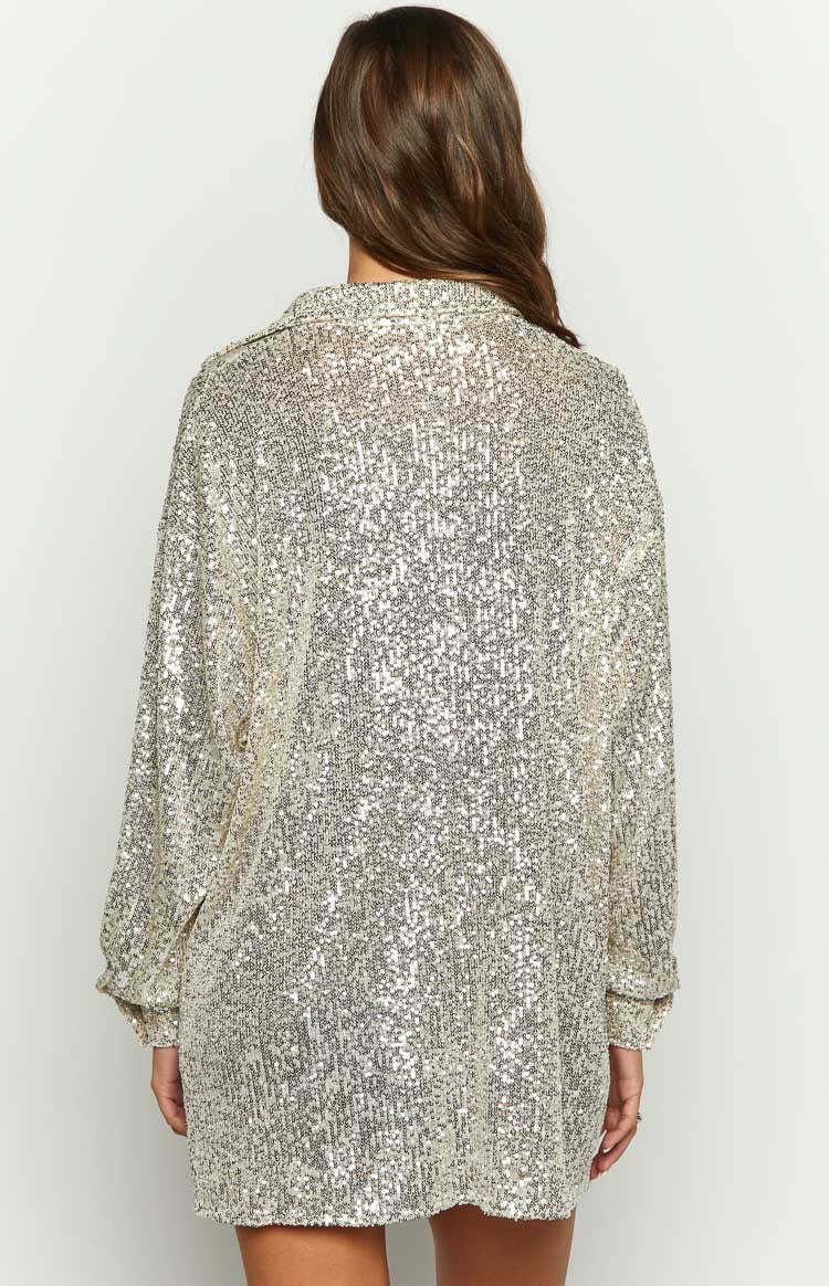 Zariah Gold Sequin Long Sleeve Shirt-Vavasi.All Rights Reserved.