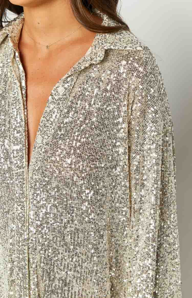 Zariah Gold Sequin Long Sleeve Shirt-Vavasi.All Rights Reserved.