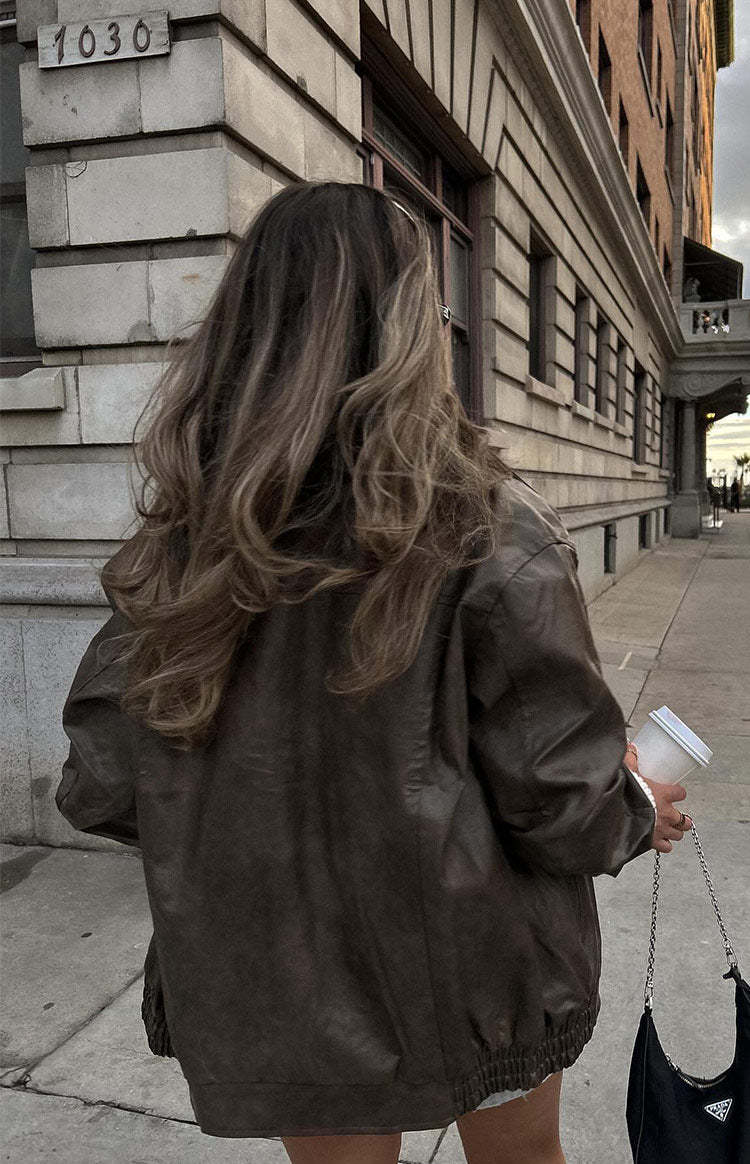 Abbi PU Vintage Brown Bomber Jacket-Vavasi.All Rights Reserved.