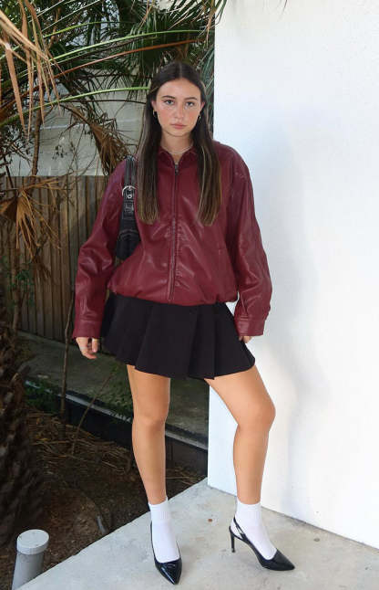 Abbi PU Red Bomber Jacket-Vavasi.All Rights Reserved.