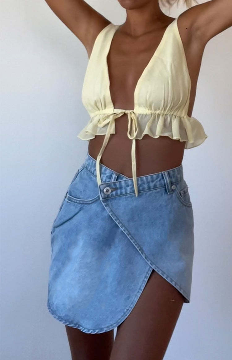 Alcmene Denim Asymmetrical Wrap Mini Skirt-Vavasi.All Rights Reserved.