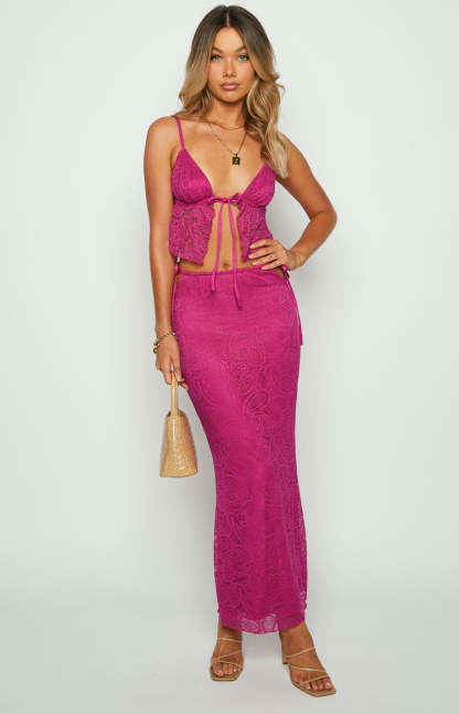 Alexia Fuschia Lace Tie Up Maxi Skirt-Vavasi.All Rights Reserved.