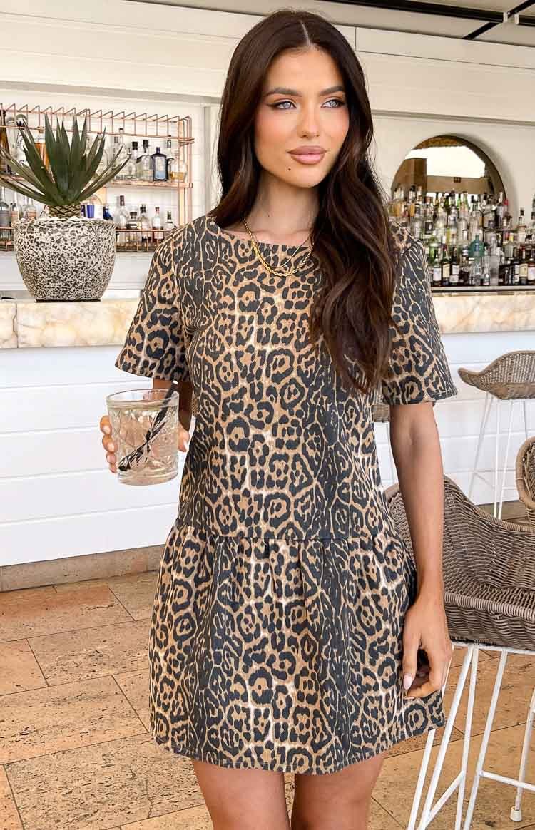 Amee Leopard Print Denim Mini Dress-Vavasi.All Rights Reserved.