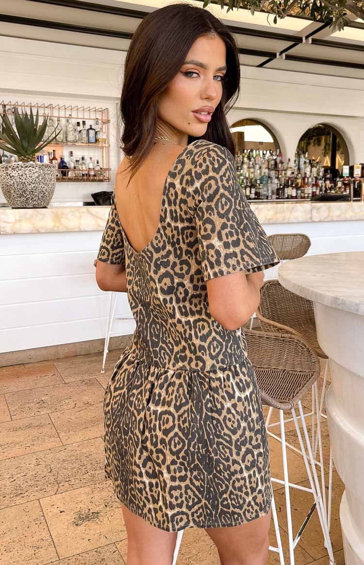Amee Leopard Print Denim Mini Dress-Vavasi.All Rights Reserved.
