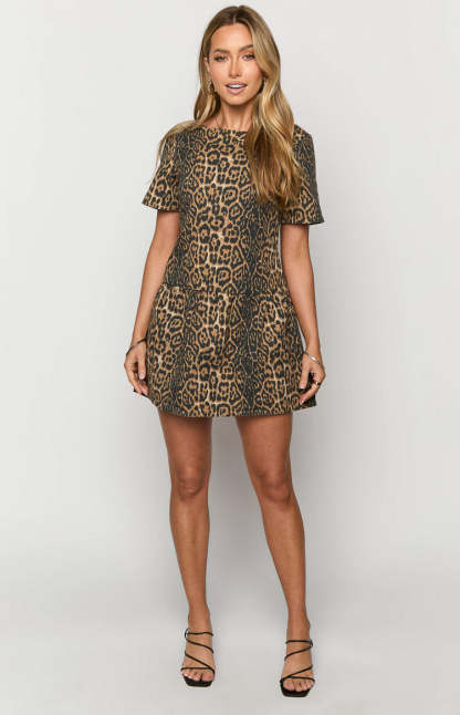 Amee Leopard Print Denim Mini Dress-Vavasi.All Rights Reserved.