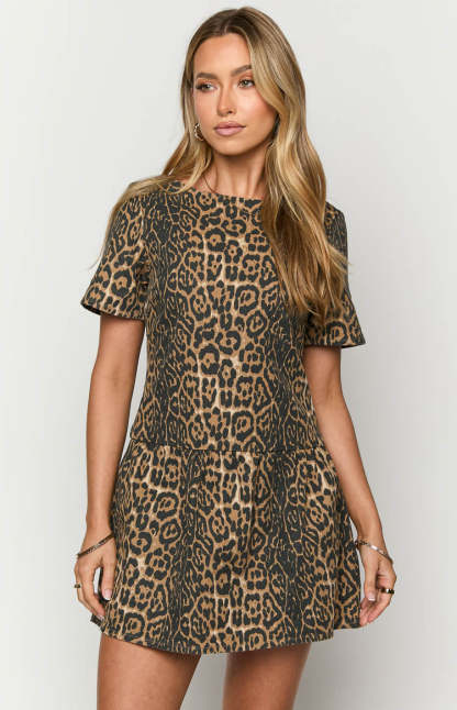 Amee Leopard Print Denim Mini Dress-Vavasi.All Rights Reserved.