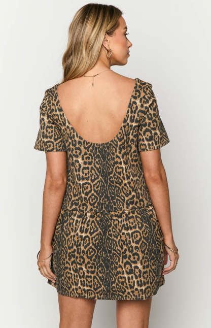 Amee Leopard Print Denim Mini Dress-Vavasi.All Rights Reserved.